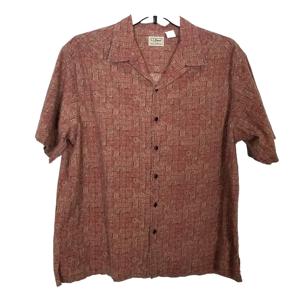L.L Bean Mens Aztec Mayan Cotton Short Sleeve Button Up Shirt Sz L Brown Cotton